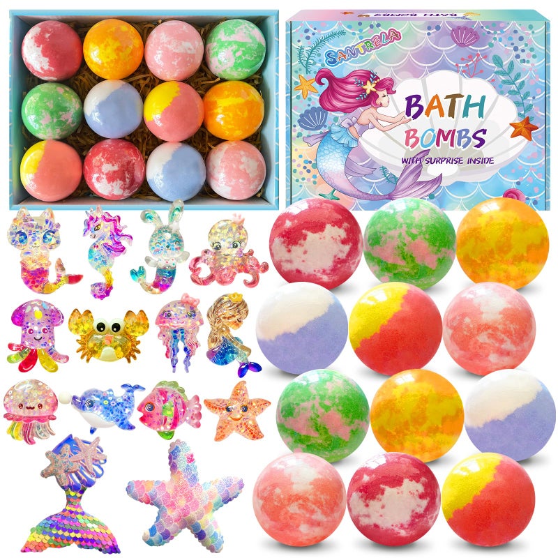 Bath Bombs for Kids with Surprise Inside 12pcs Kids Bath Bombs with Mermaid Toys Gift Set for Girls Shea  Coco Butter Dry Skin Moisturize Handmade Fizzy Bubble Spa Bath Ball for Birthday Christmas